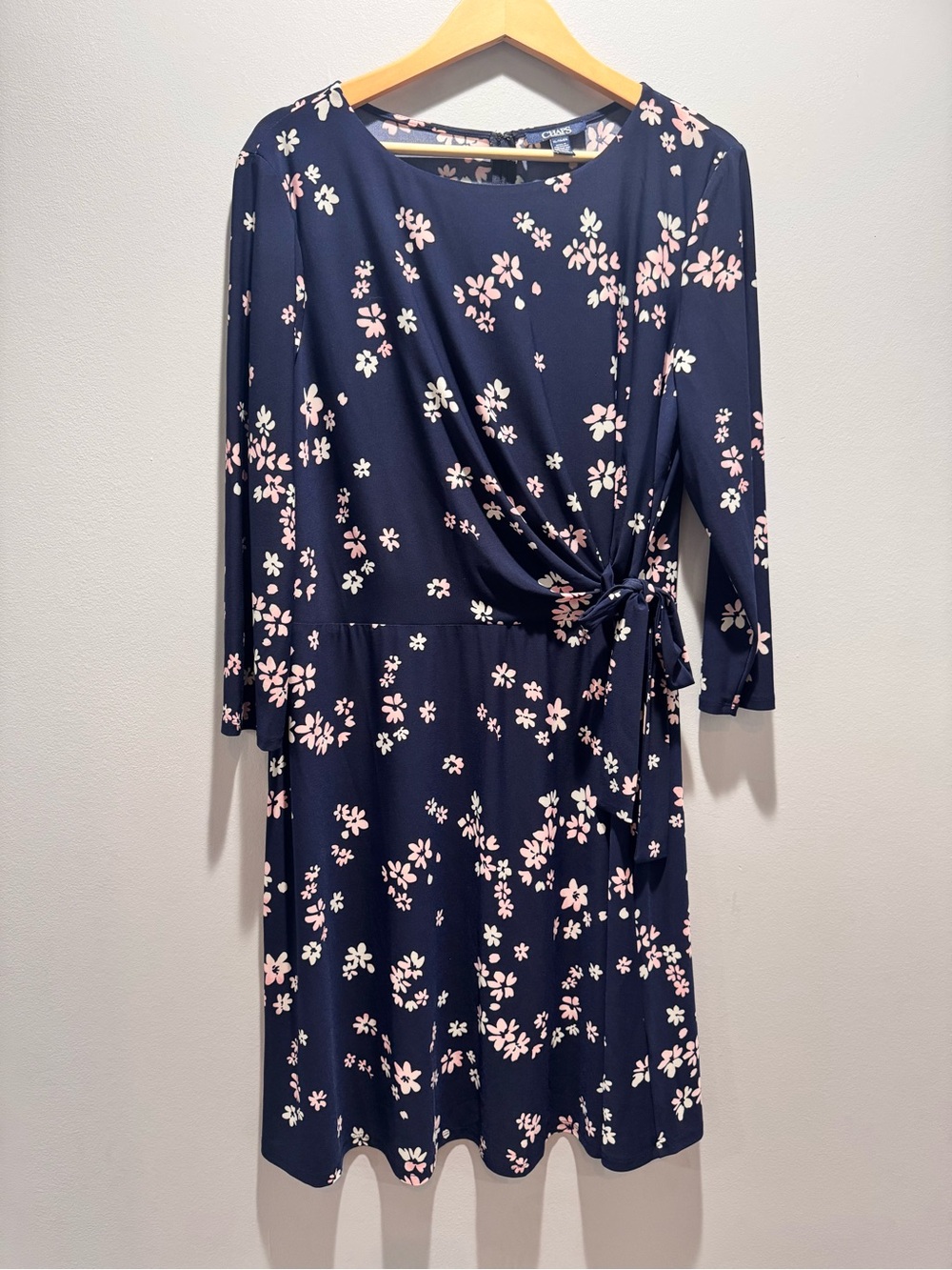 Chaps Navy Floral Wrap-Accent Long Sleeve Dress - Pink & White Flowers